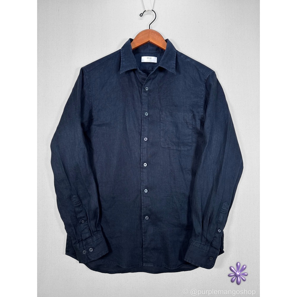 UNIQLO Premium Linen Shirt Mens Small Black 100% Linen Long Sleeve Button Up